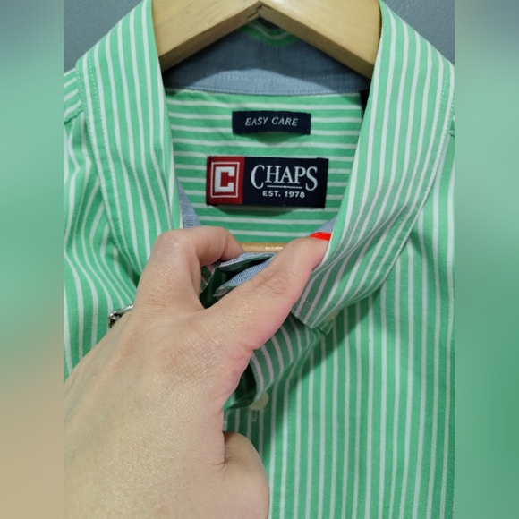 Chaps casual button down collar shirt with green and white stripes, easy care - Picture 5 of 7
